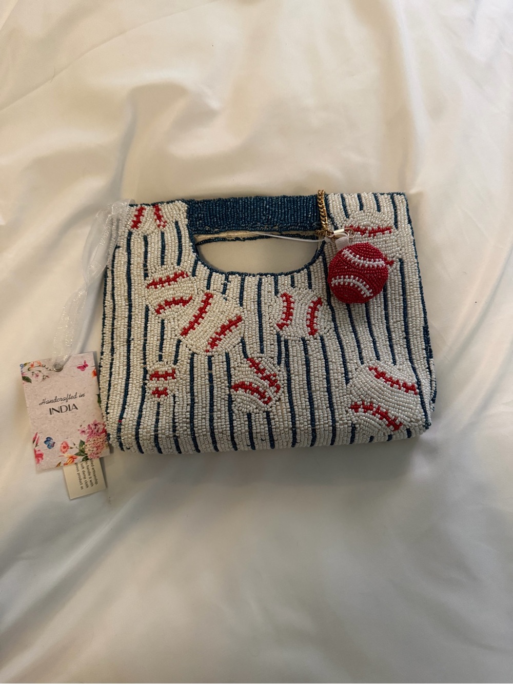 Beaded Baseball Print Crossbody - Blue, Red & Cream with red baseball bag charm - Picture 4 of 8
